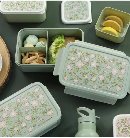 A Little Lovely Company Back to school set - Rugzak/Drinkfles/4 Snackdozen/Bentobox - Bloesems Saliegroen