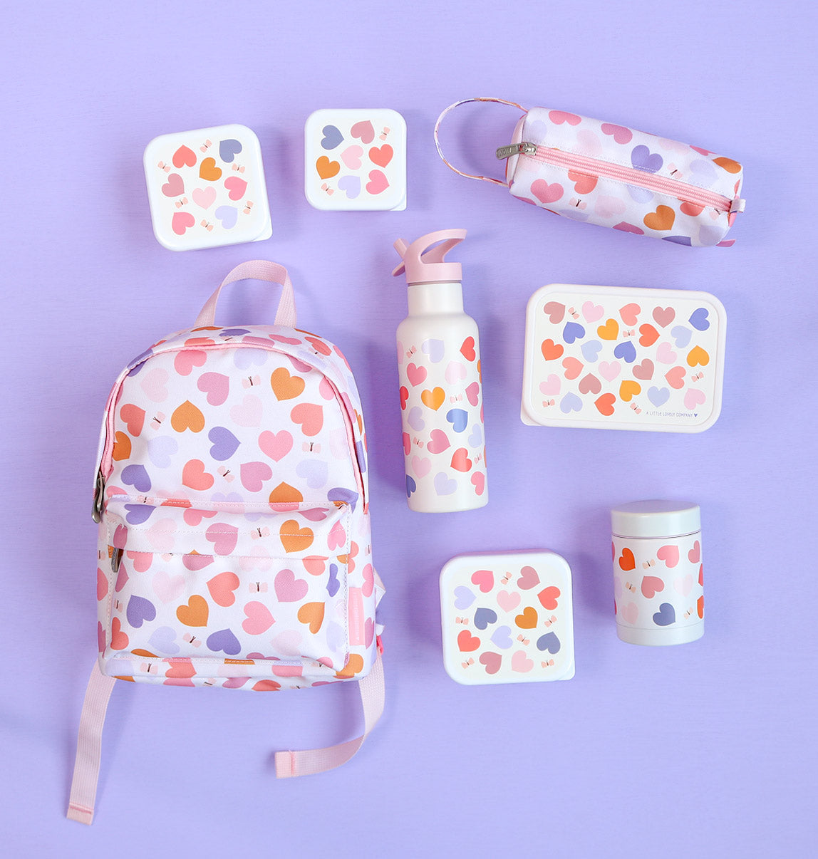 Bundel A Little Lovely Company Back to school set - Rugzak/Drinkfles/4 Snackdozen/Bentobox - Hearts