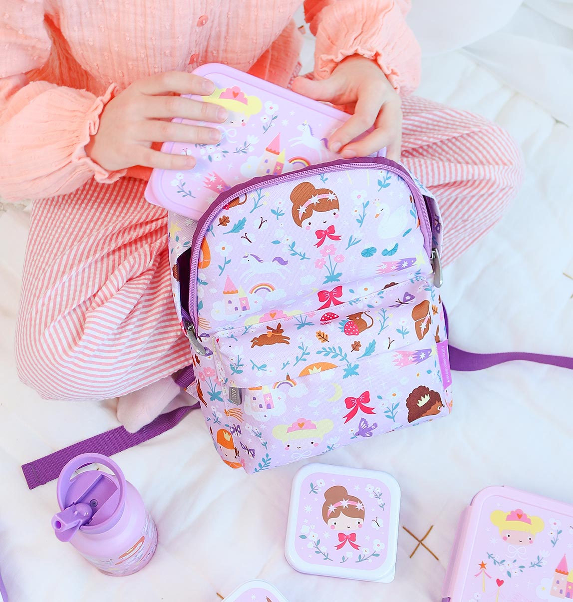 Bundel A Little Lovely Company Back to school set - Rugzak/Drinkfles/4 Snackdozen/Bentobox - Princesses
