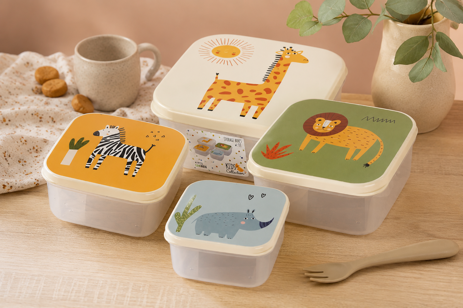 Snackdozen Safari - Koekendoosjes - Set van 4 - Zebra / Giraf / Leeuw / Neushoorn