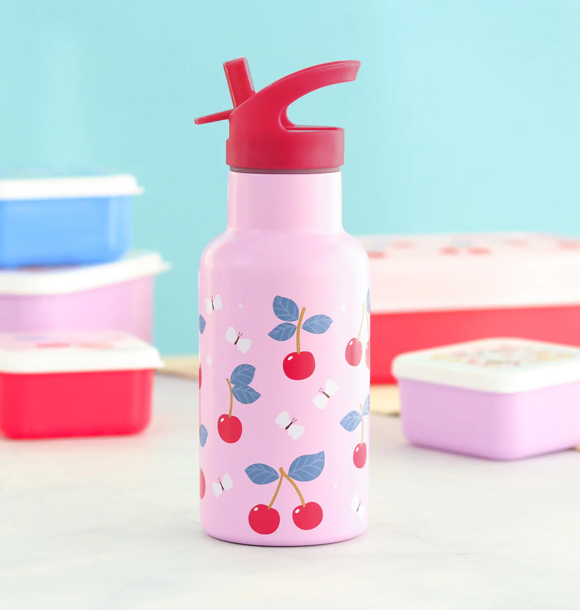 BEAU by Bo A Little Lovely Company Back to school set - Drinkfles RVS/4 Snackdozen/Bentobox - Kersen