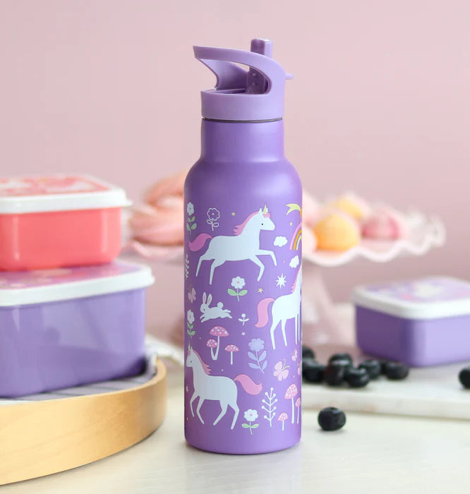 A Little Lovely Company Back to school set - Drinkfles XL RVS/Bentobox - Unicorn Dreams