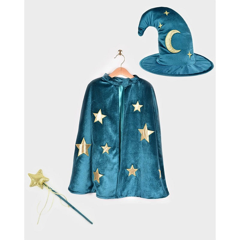 Den Goda Fen Magician Dress Up Clothing - Cape, hat and wand - 3-8 years - Petrol blue