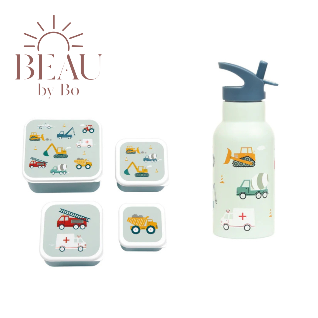 BEAU by Bo A Little Lovely Company Back to school set - Drinkfles RVS/4 Snackdozen - Voertuigen