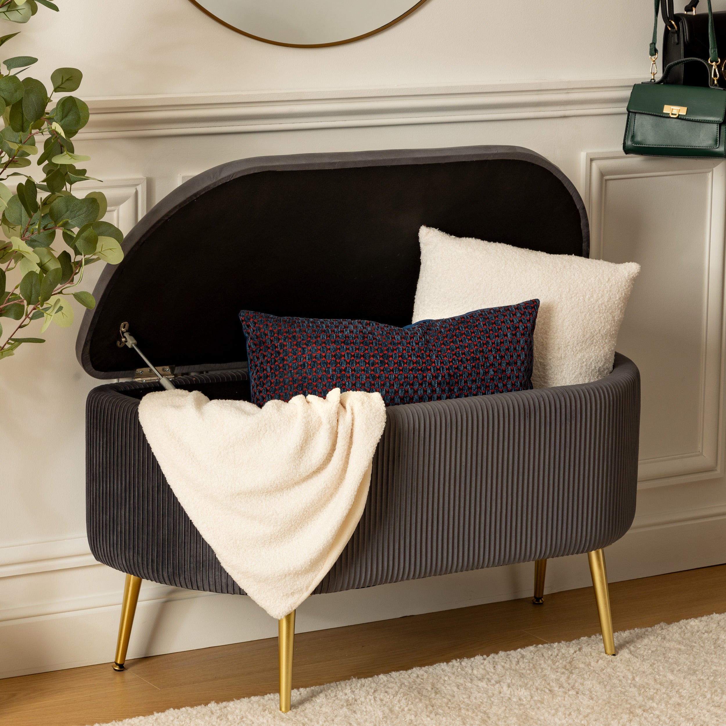 Atmosphera Solaro fluwelen bankje met opbergruimte - 100x40x53cm - Donkergrijs