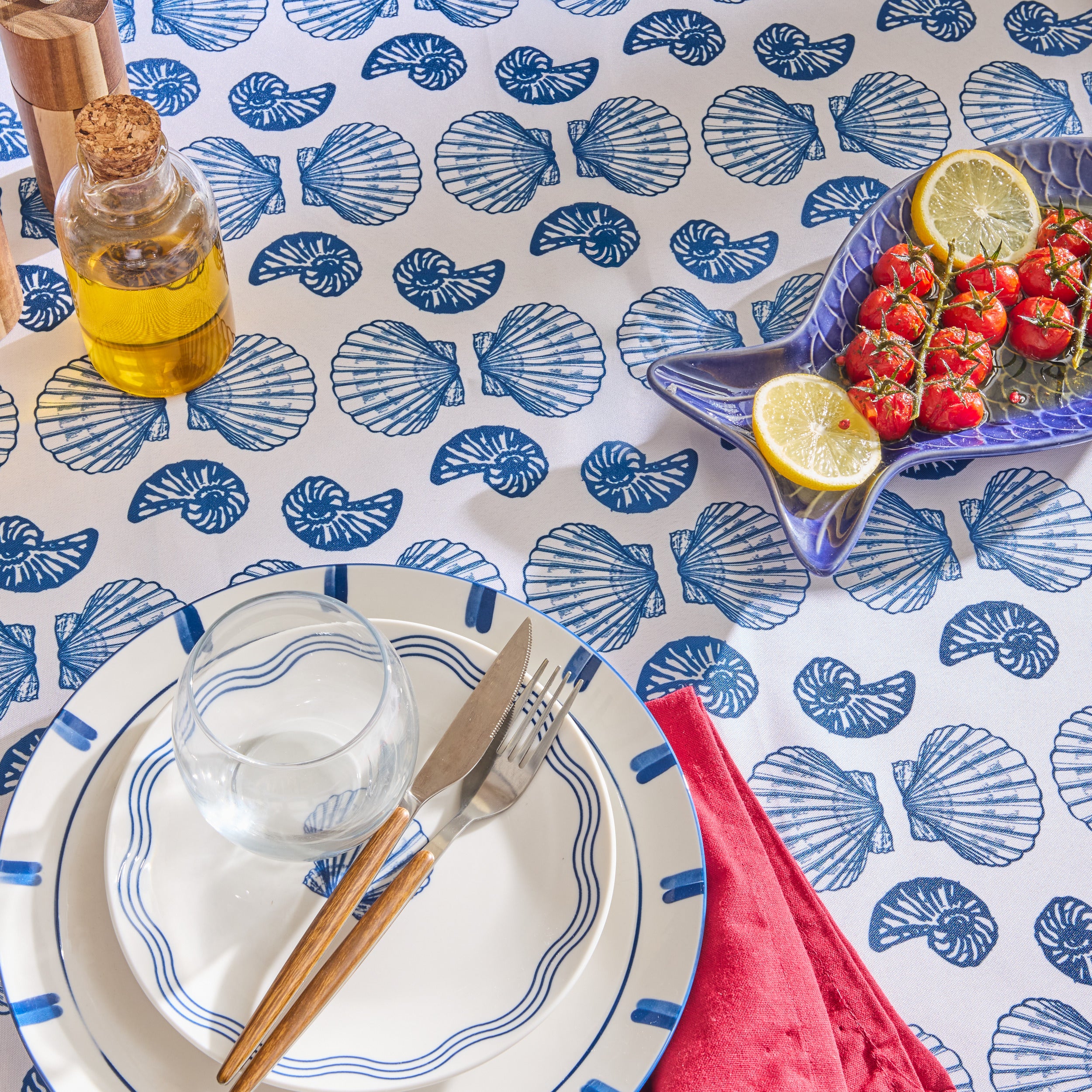 Tafelkleed anti-vlek bedrukt Océania - Polyester - 140x240cm - Blauw