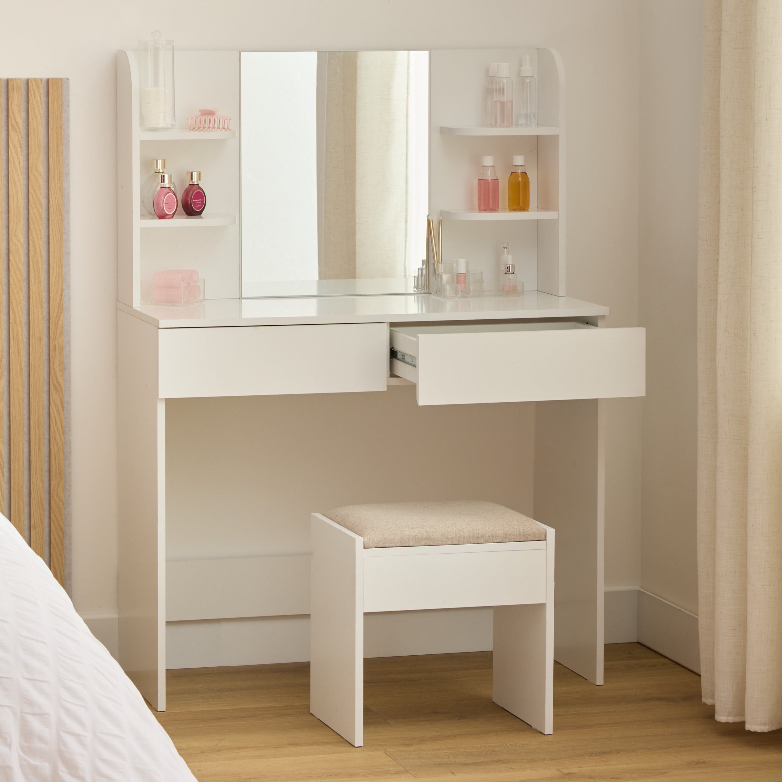 5Five Coiffeuse avec miroir et tabouret - 90x40x125cm - Blanc