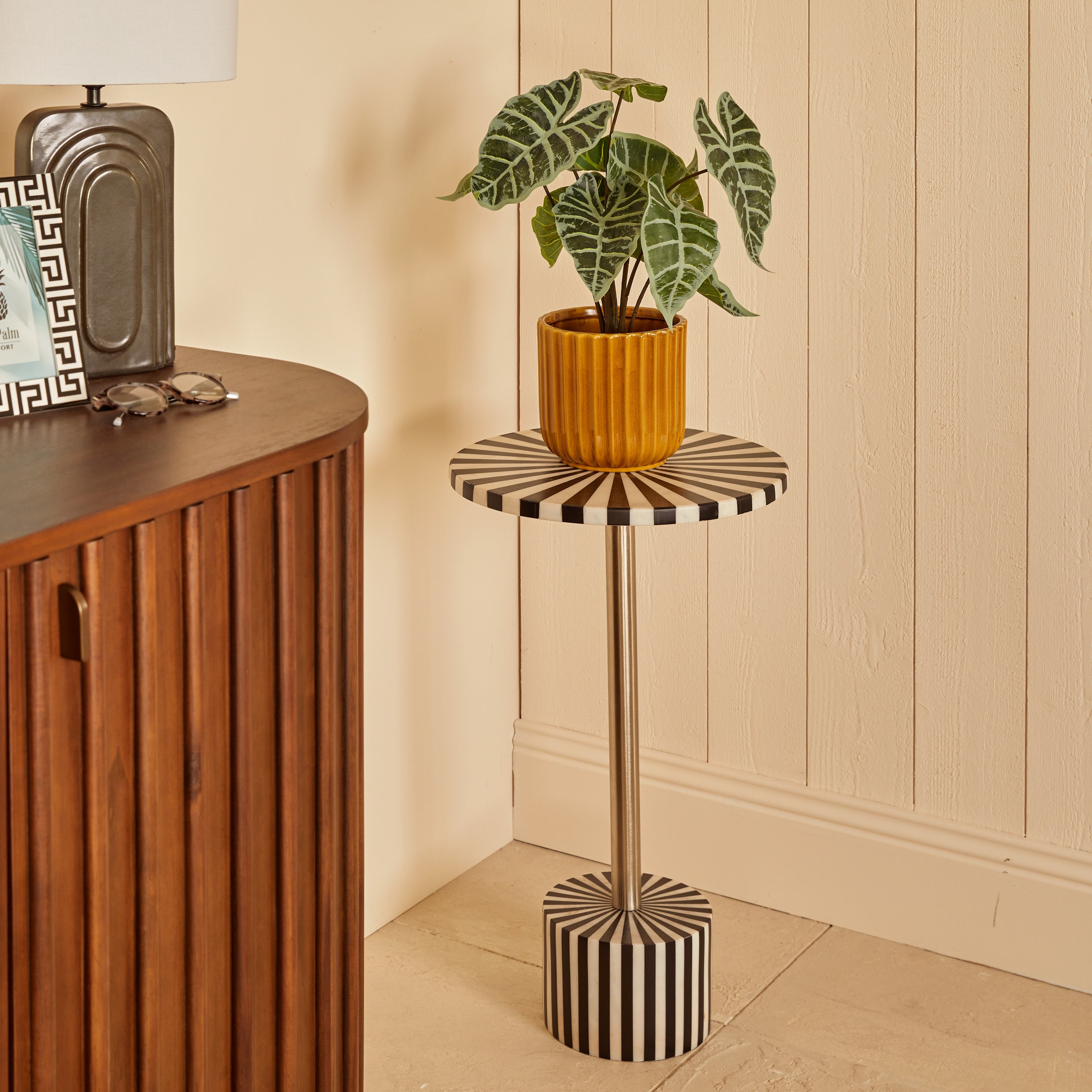 Atmosphera Nema Marmeren Bijzettafel - Ø36xH59cm - Zwart/Wit