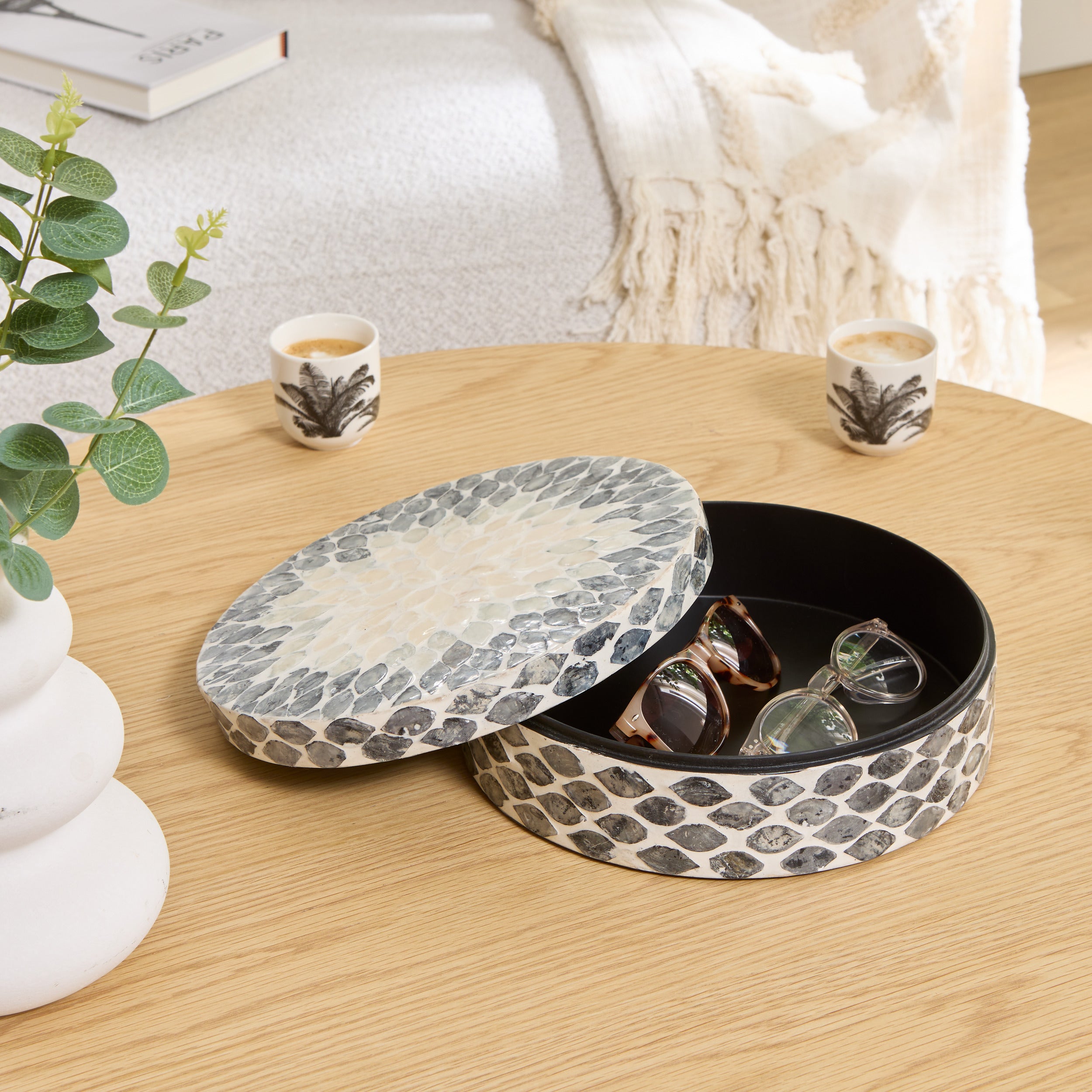 Atmosphera Sheila Ronde Doos met parelmoer - 3,4L - Ø26xH8cm - Blauwgrijs