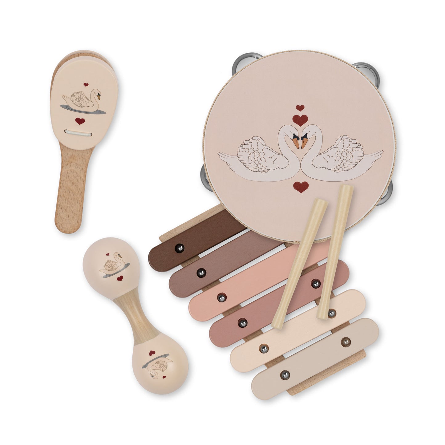 Konges Sløjd Wooden Music Set - Tambourine, castanet, macaras and xylophone - Swan