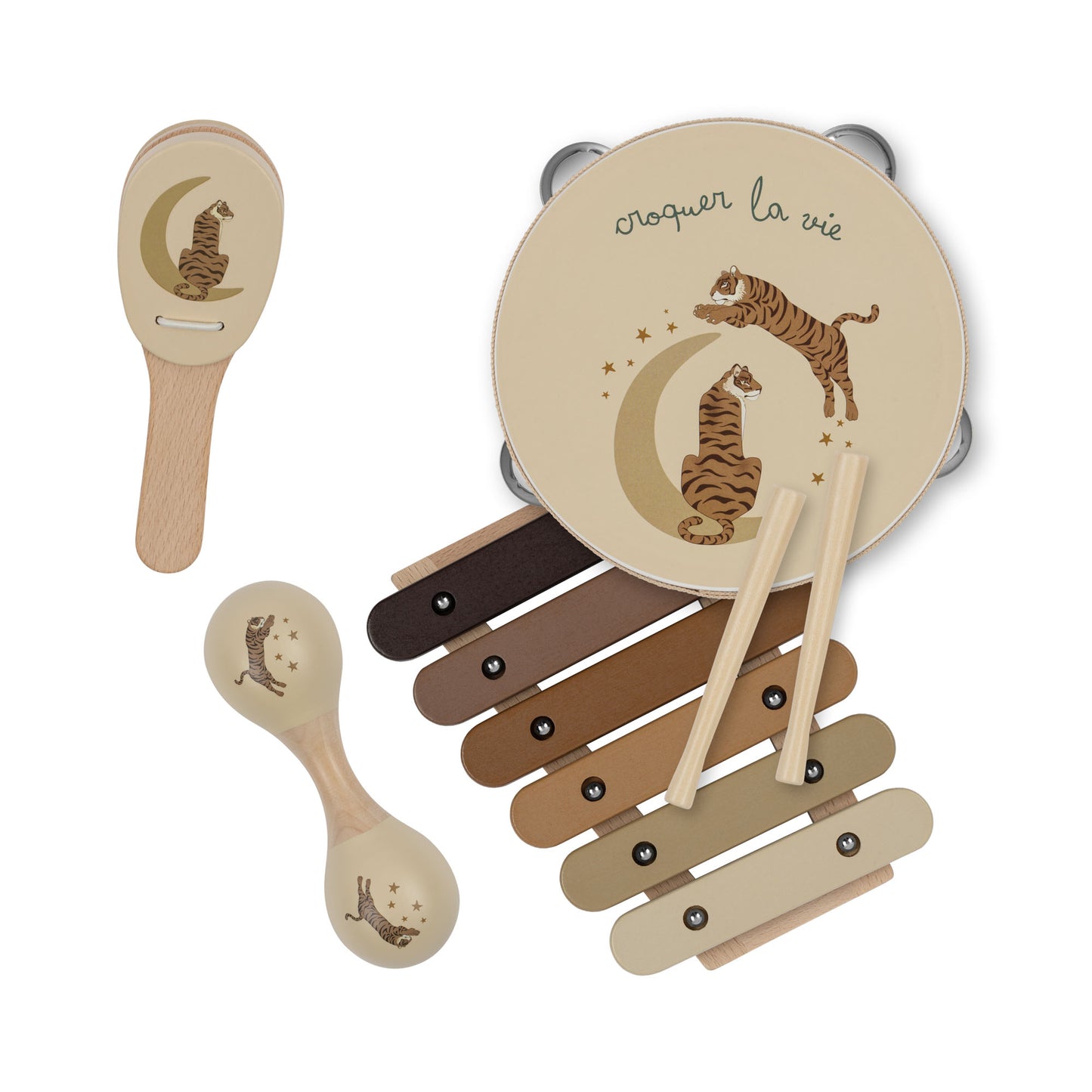 Konges Sløjd Wooden Music Set - Tambourine, castanet, macaras and xylophone - Tiger