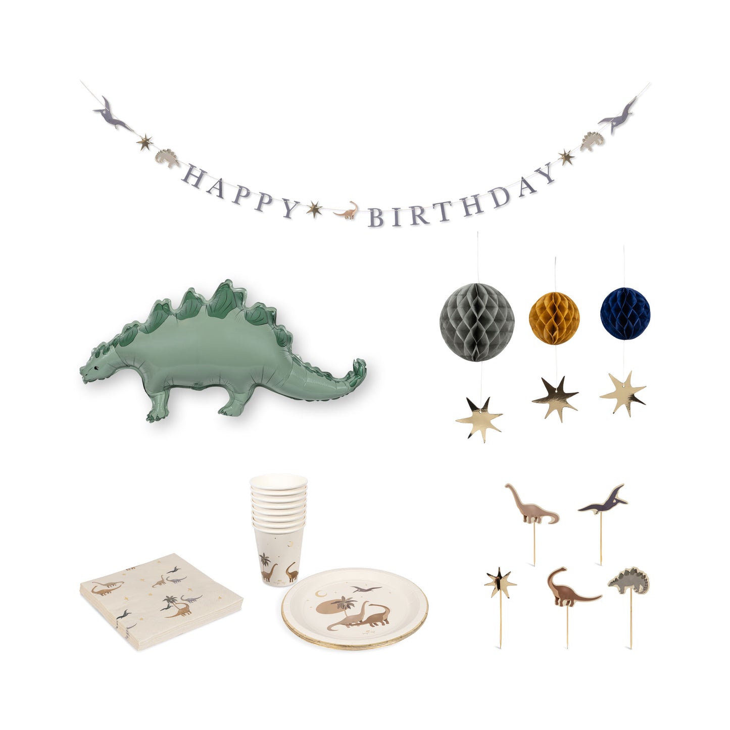 Konges Sløjd Happy Birthday kit - Assiettes, tasses, ballon, banderole, serviettes, cake topper, pompon - Dino