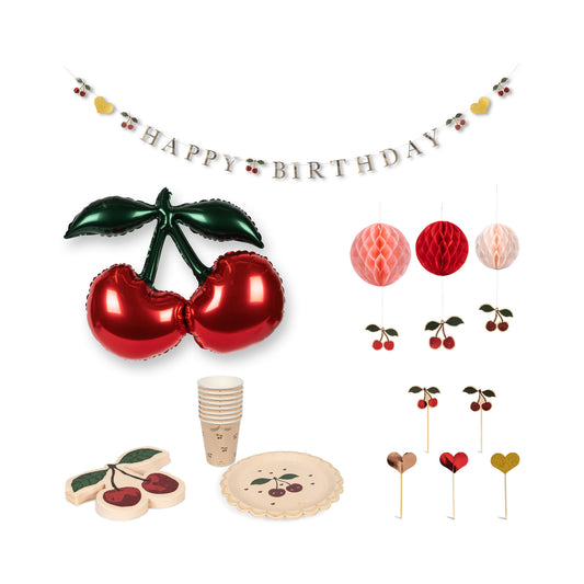 Konges Sløjd Happy Birthday kit - Gobelets, ballon, serpentin, serviettes, cake topper, pompon - Cerise