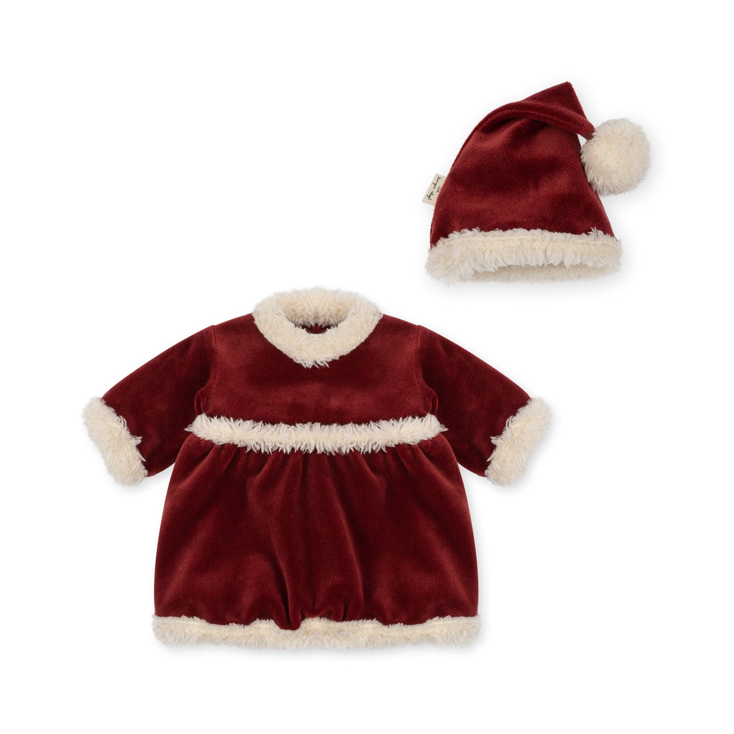 Konges Sløjd Kerstjurk met muts voor babypoppen - poppenkleding - Jolly Red