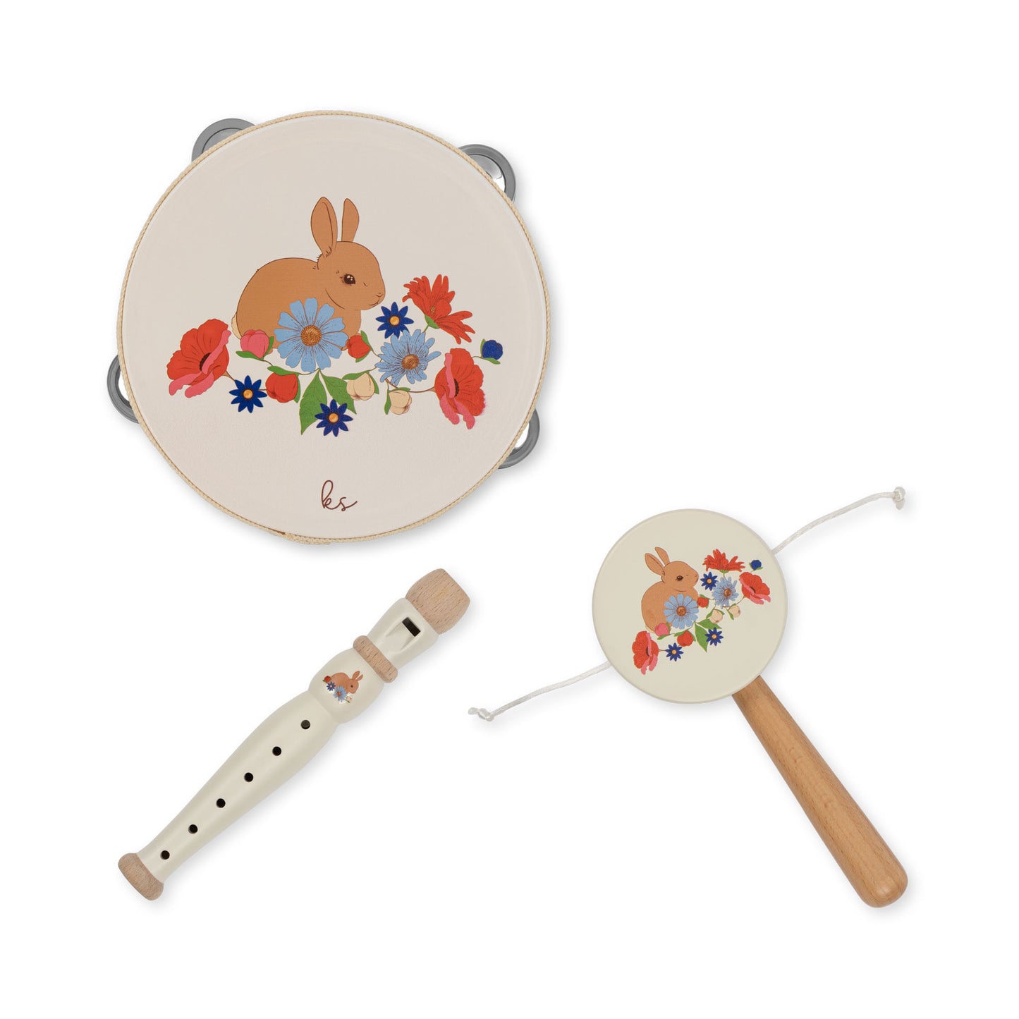 Konges Sløjd Bunny Ensemble de musique en bois - Tambourin, flûte et tambour à baguettes - Convient à partir de 3 ans - Bunny Tokki