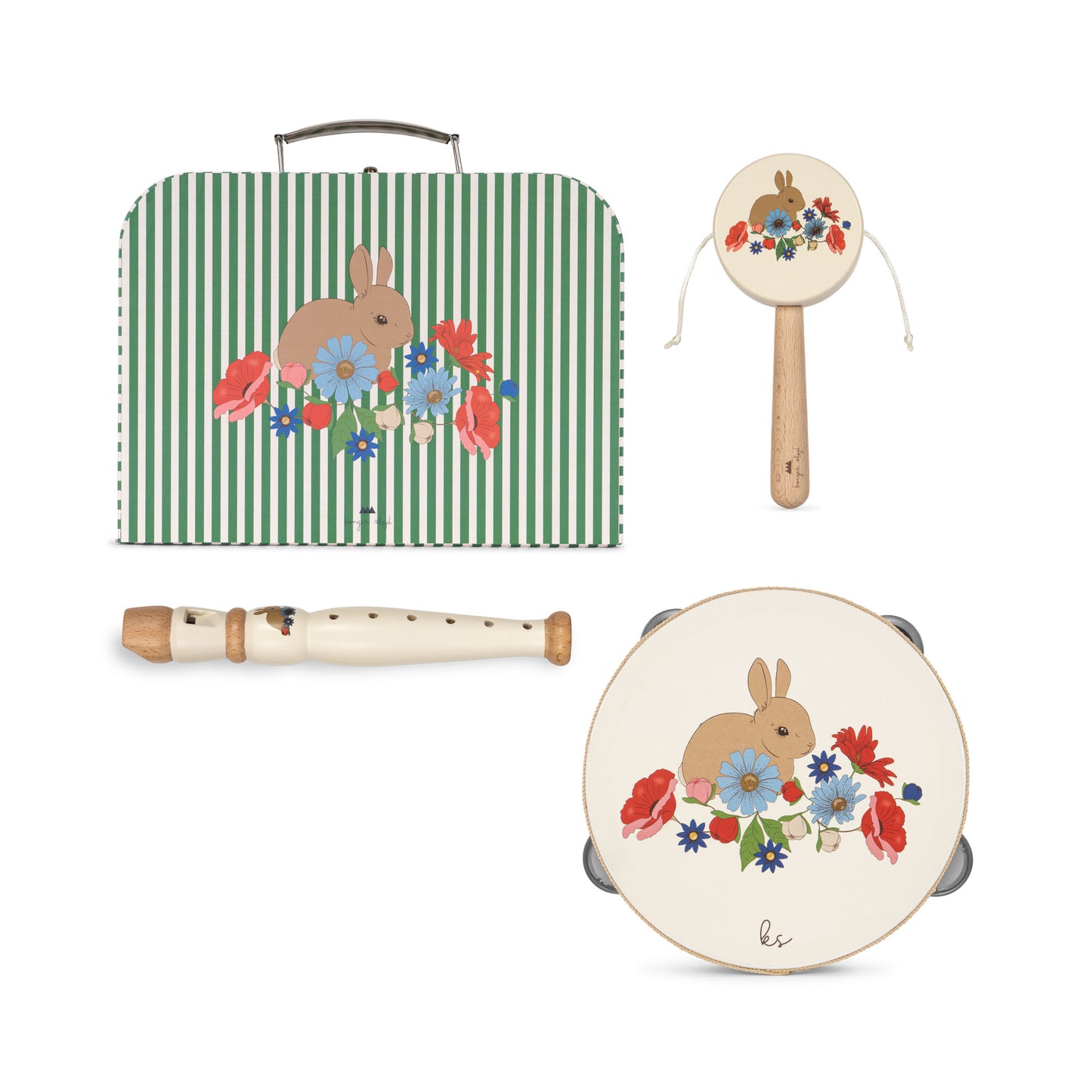 Konges Sløjd Bunny Ensemble de musique en bois - Tambourin, flûte et tambour à baguettes - Convient à partir de 3 ans - Bunny Tokki