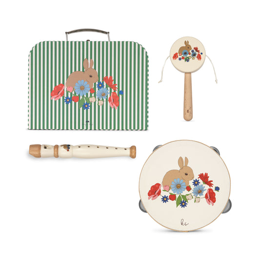 Konges Sløjd Bunny Ensemble de musique en bois - Tambourin, flûte et tambour à baguettes - Convient à partir de 3 ans - Bunny Tokki