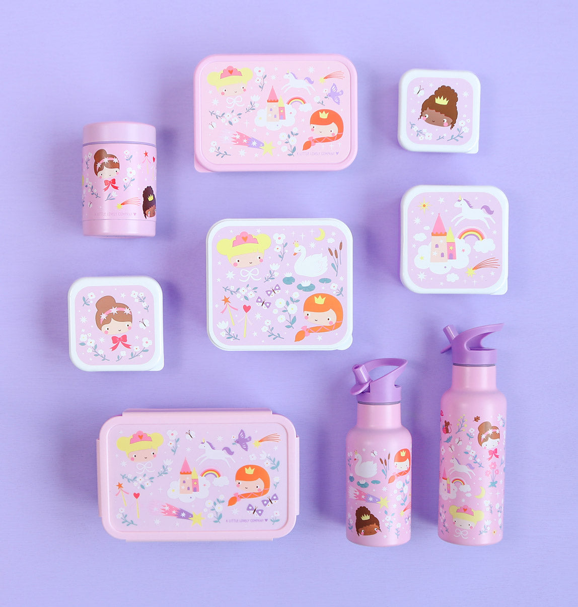 Bundel A Little Lovely Company Back to school set - Drinkfles RVS/4 Snackdozen/Bentobox - Princesses