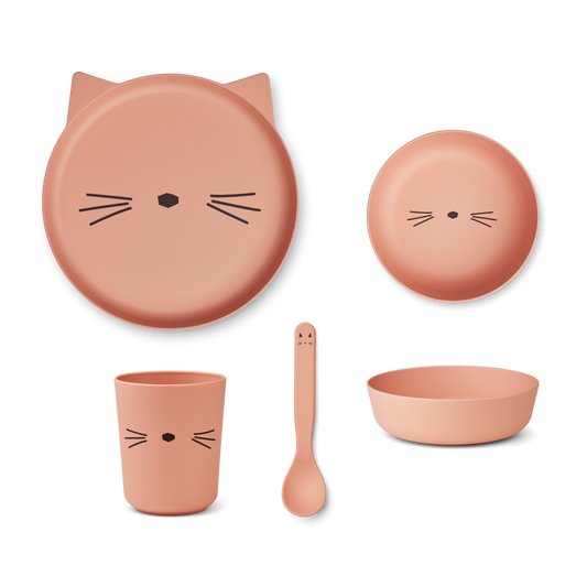 Liewood Brody Children's tableware set - Plate, drinking cup, bowl and spoon - Cat Rose Blush