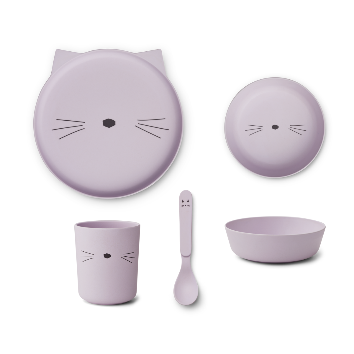 Liewood Brody Kinder serviesset - Bord, drinkbeker, kom en lepel - Cat Light Lavender