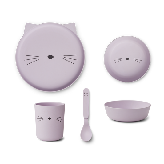 Liewood Brody Children's tableware set - Plate, drinking cup, bowl and spoon - Cat Light Lavender