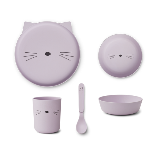 Liewood Brody Kinder serviesset - Bord, drinkbeker, kom en lepel - Cat Light Lavender