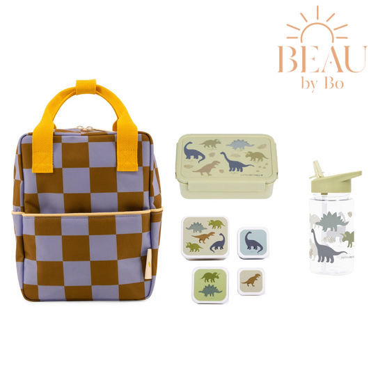 BEAU by Bo Sticky Lemon rugzak small + A Little Lovely Company back to school set Dinosaurussen