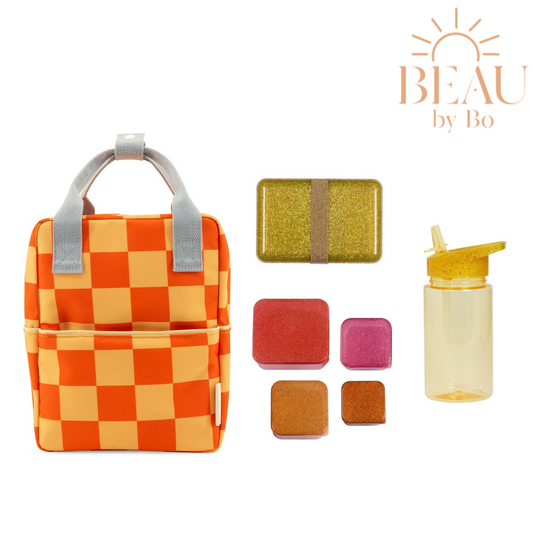 BEAU by Bo Sticky Lemon rugzak small + A Little Lovely Company back to school set Glitter Goud