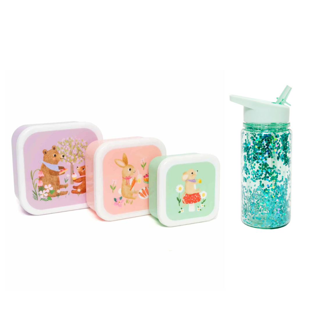 Petit Monkey Snackdozen + Drinkfles Animals Picnic/Glitter Back to School set - Groen