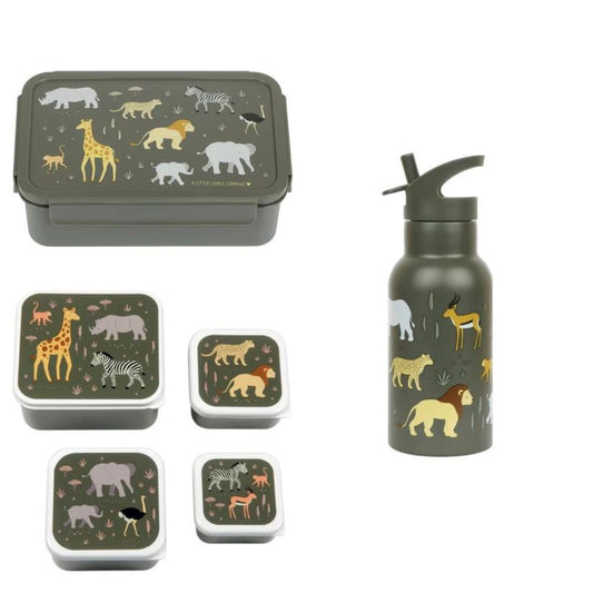 A Little Lovely Company Back to school set - Drinkfles RVS/4 Snackdozen/Bentobox - Savanne