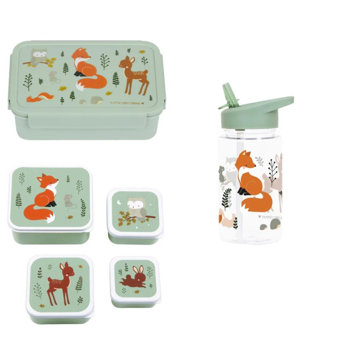 A Little Lovely Company Back to school set - Drinkfles/ 4 Snackdozen/Bentobox - Bosvriendjes - Saliegroen