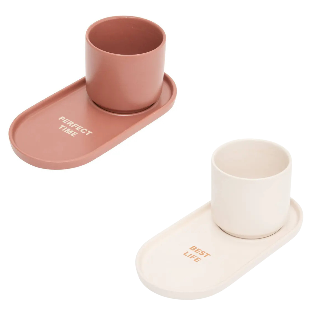 Secret de Gourmet Espresso Kopjes met bordje - Set van 2 stuks - 24cl - Donkerroze/Wit