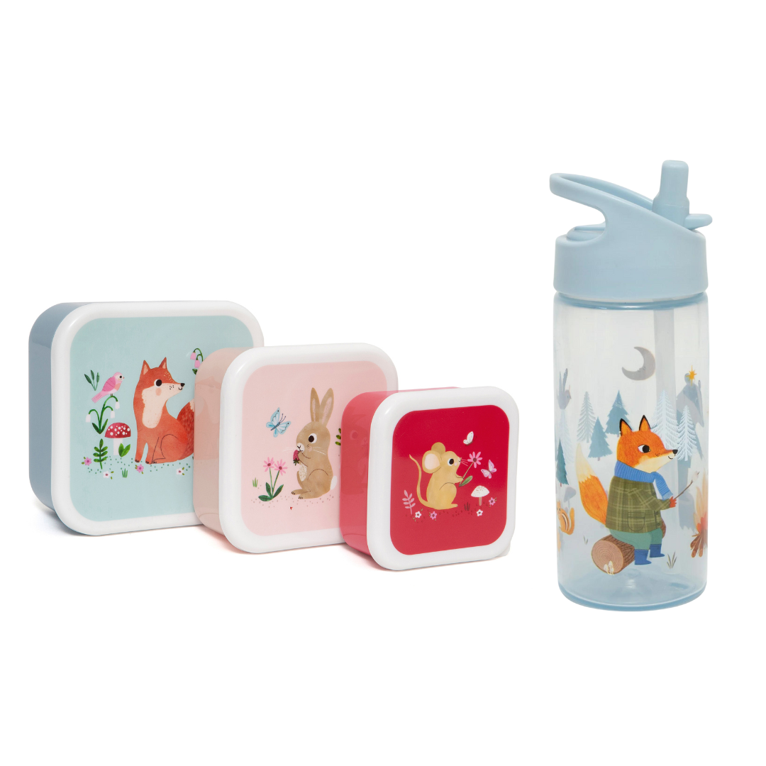 Petit Monkey Snackdozen + Drinkfles Woodland/Bonfire Back to School set - Stone Blue/Animals