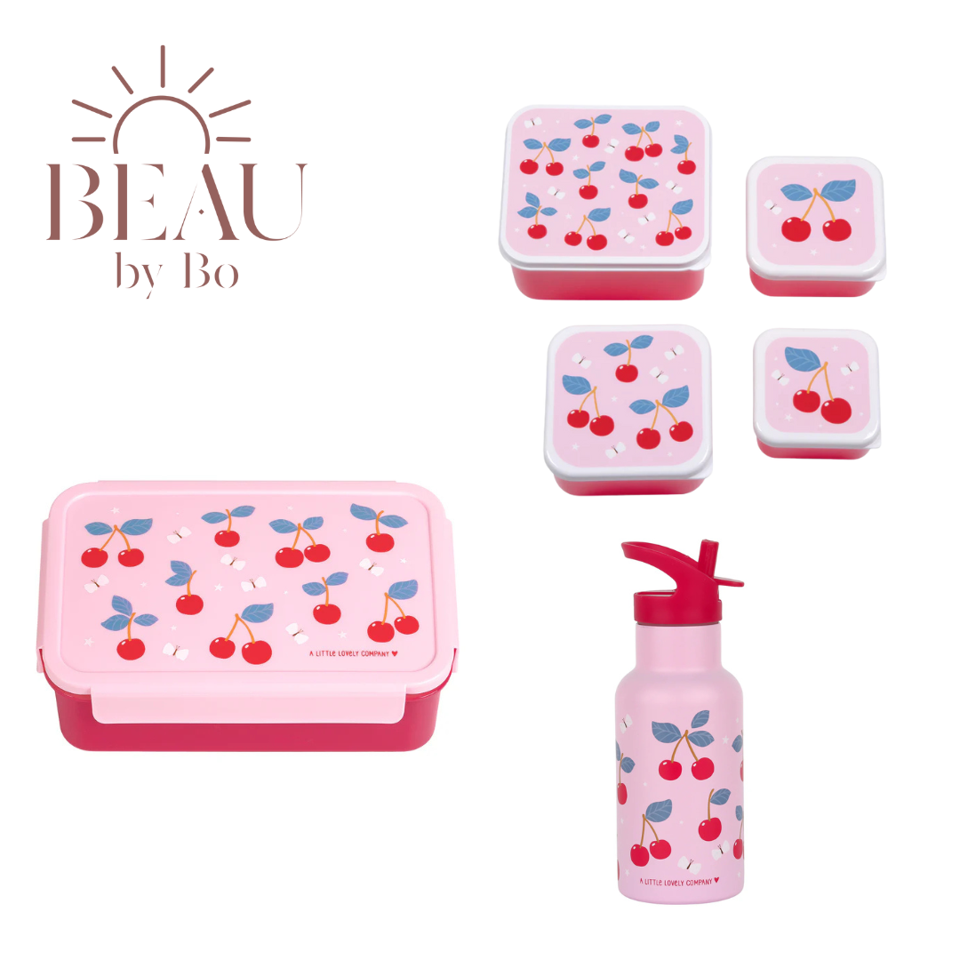 BEAU by Bo A Little Lovely Company Back to school set - Drinkfles RVS/4 Snackdozen/Bentobox - Kersen