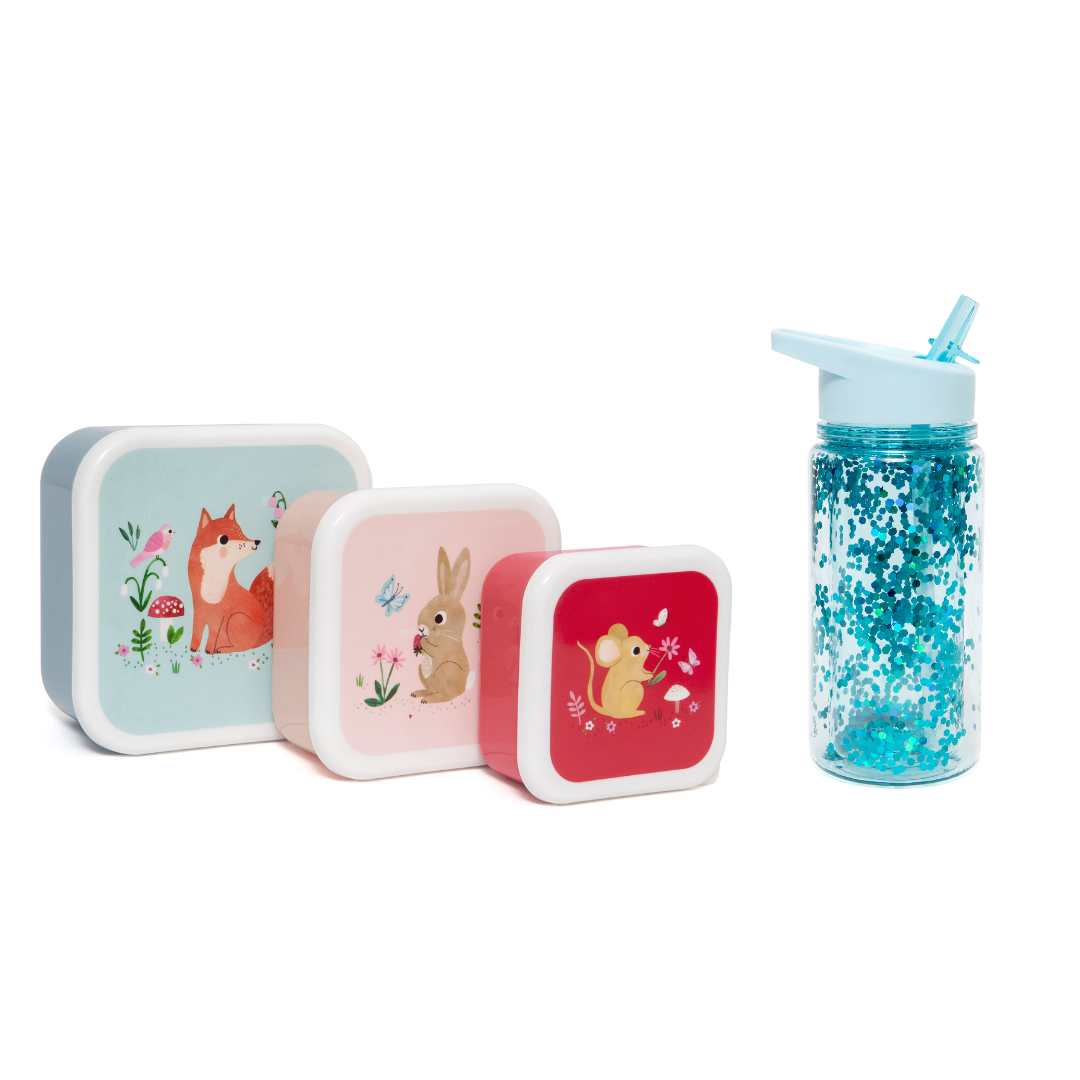 Petit Monkey Snackdozen + Drinkfles Woodland/Glitter Back to School set - Stone Blue/Dusty Aqua