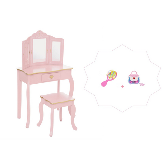 Sisi Dressing table with accessories - heart table with stool - pink with gold finish - brush and jewelry box