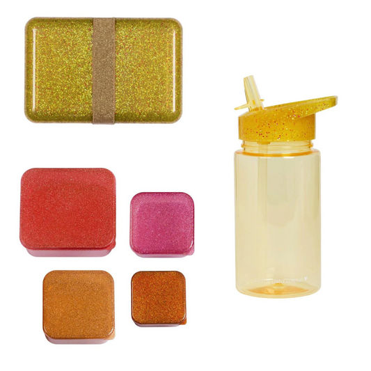 A Little Lovely Company Back to school set - Drinkfles / 4 Snackdozen / Lunchbox - Glitter goud