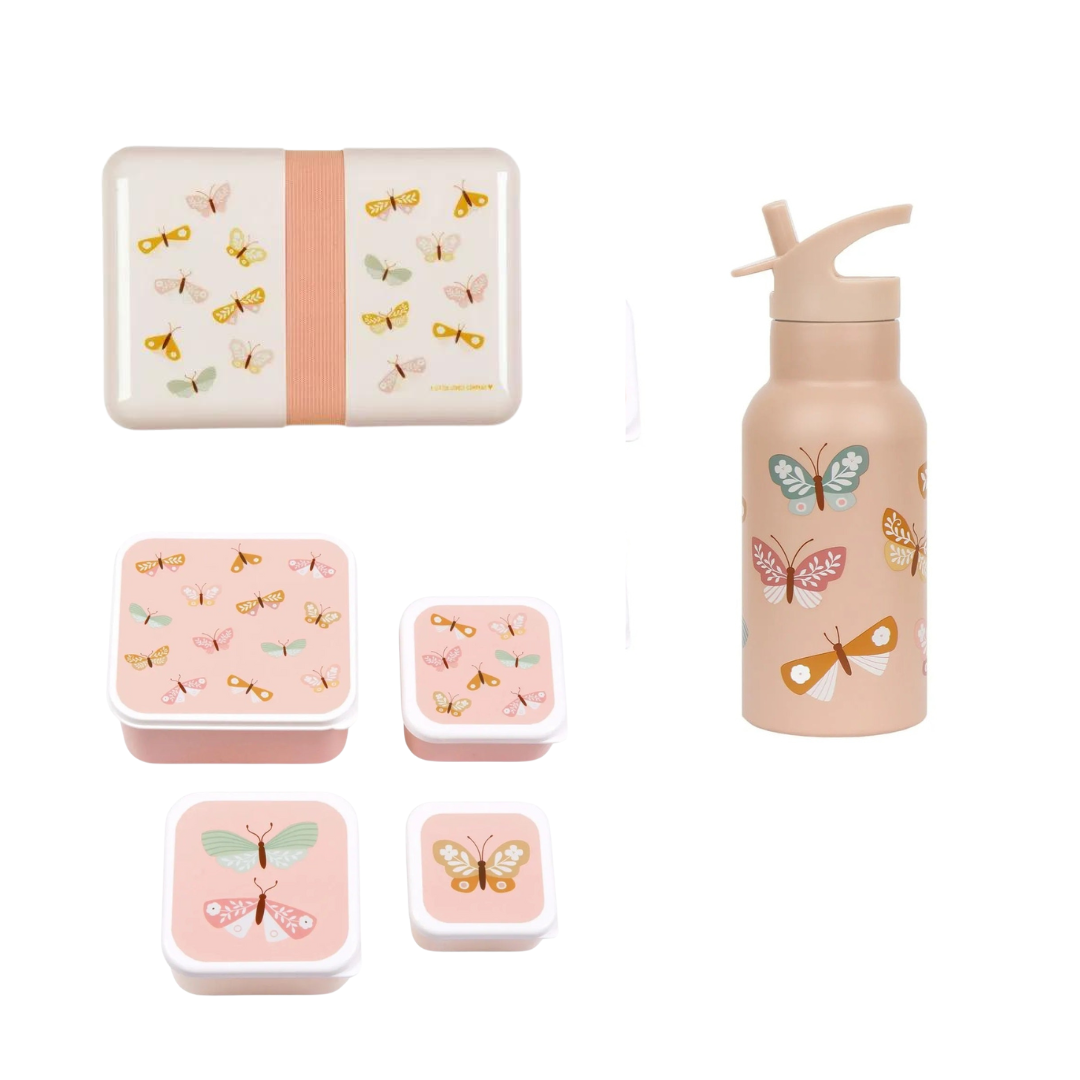 A Little Lovely Company Back to school set - Drinkfles RVS/4 Snackdozen/Lunchbox - Vlinders