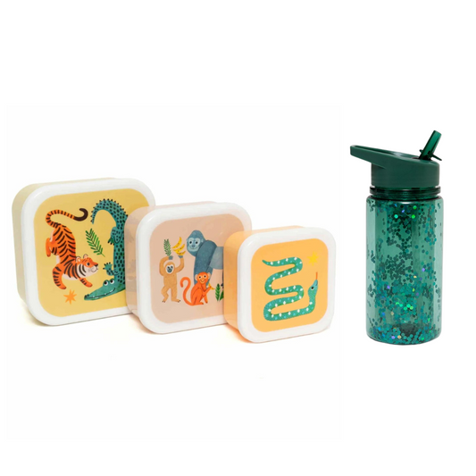 Petit Monkey Snackdozen + Drinkfles Upside Down Animals/Glitter Back to School set - Groen