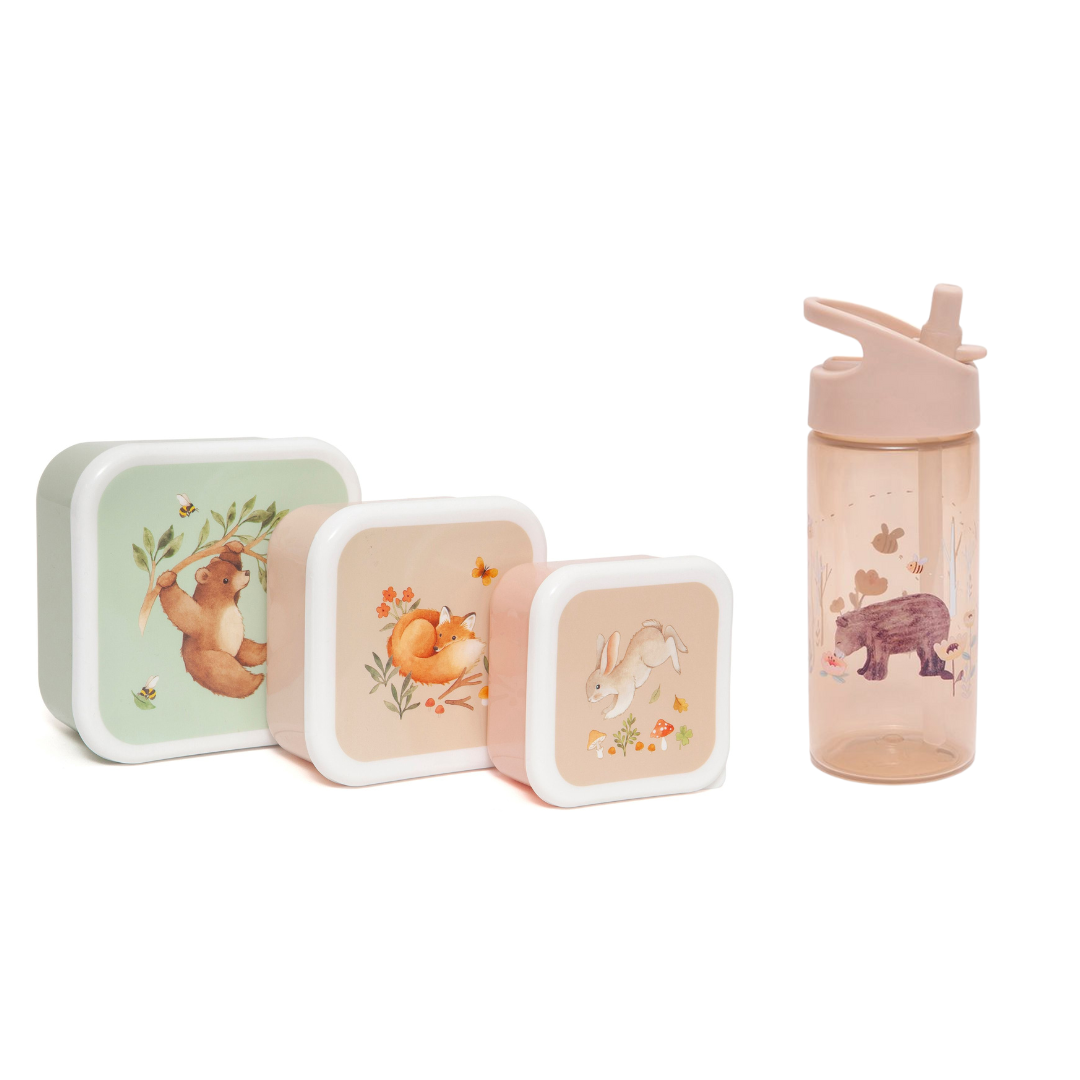 Petit Monkey Snackdozen + Drinkfles Bear and Friends/Humming Bear Back to School set - Linen White Stars