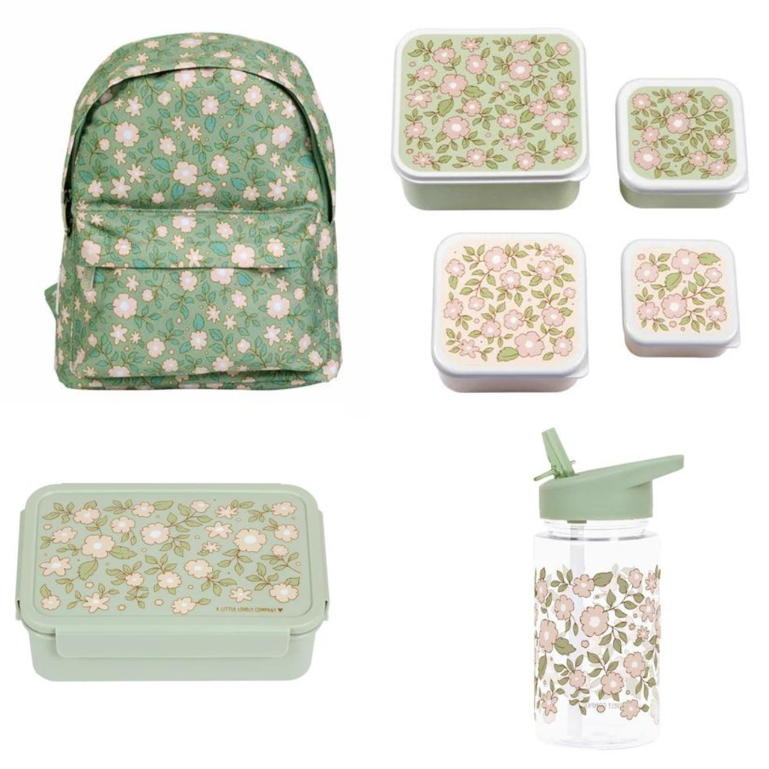 BEAU by Bo A Little Lovely Company Back to school set - Rugzak/Drinkfles/4 Snackdozen/Bentobox - Bloesems Saliegroen