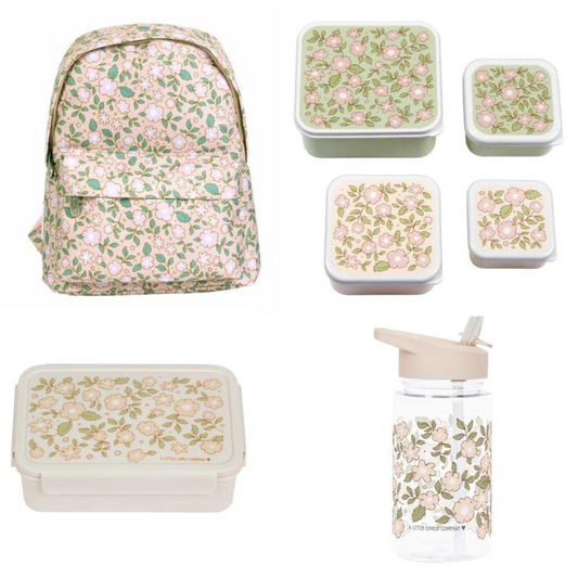 A Little Lovely Company Set de rentrée scolaire - Sac à dos/Bouteille/4 Boîtes à goûter/Boîte Bento - Blossoms Pink