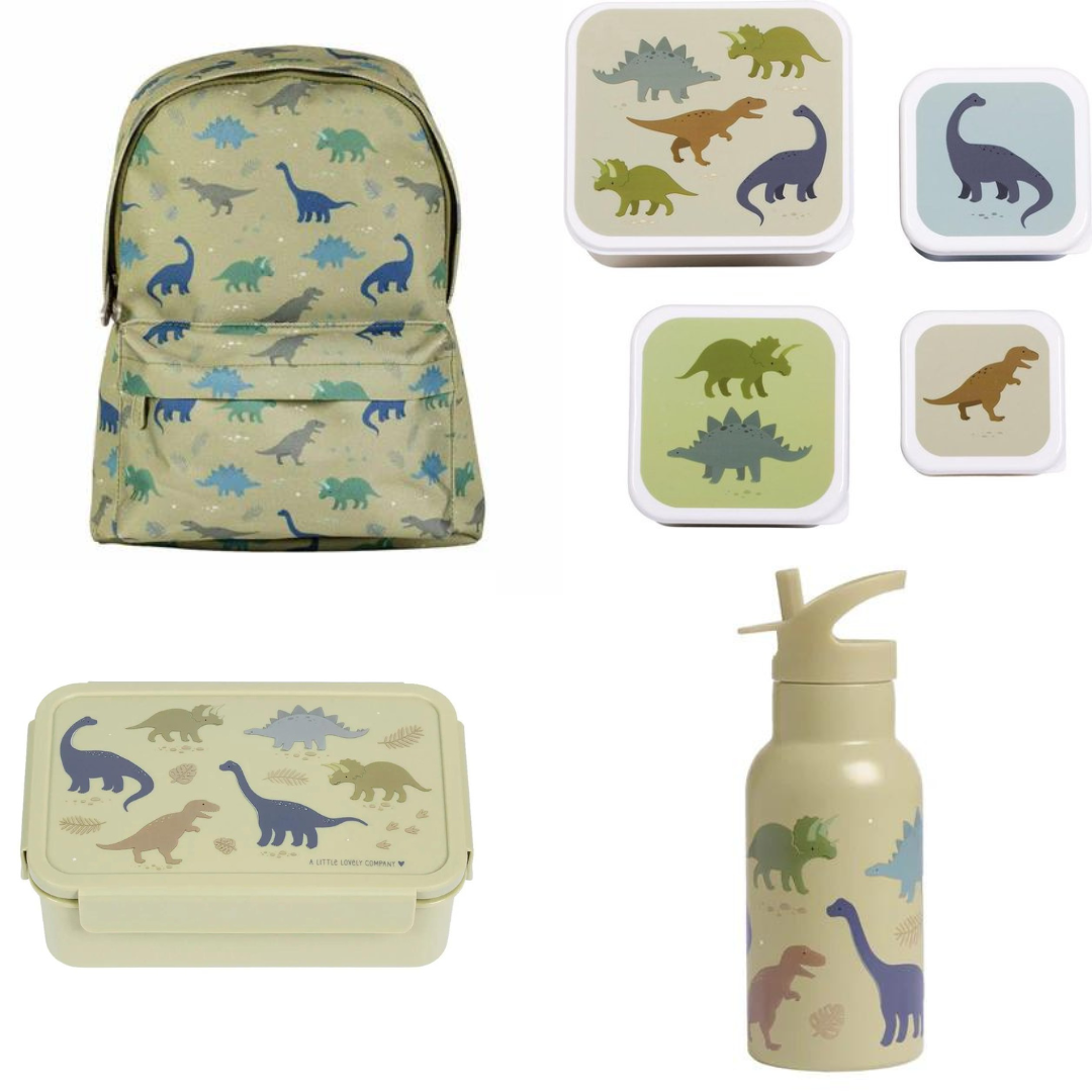 A Little Lovely Company Back to school set - Rugzak/Drinkfles RVS/4 Snackdozen/Bentobox- Dinosaurussen