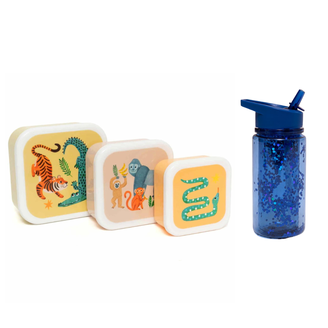 Petit Monkey Snackdozen + Drinkfles Upside Down Animals/Glitter Back to School set - Blauw