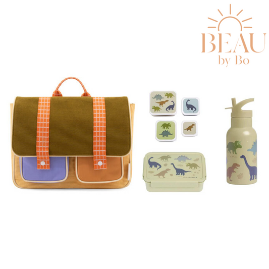 BEAU by Bo Cartable Sticky citron + Coffret rentrée scolaire Une petite jolie compagnie Dinosaure