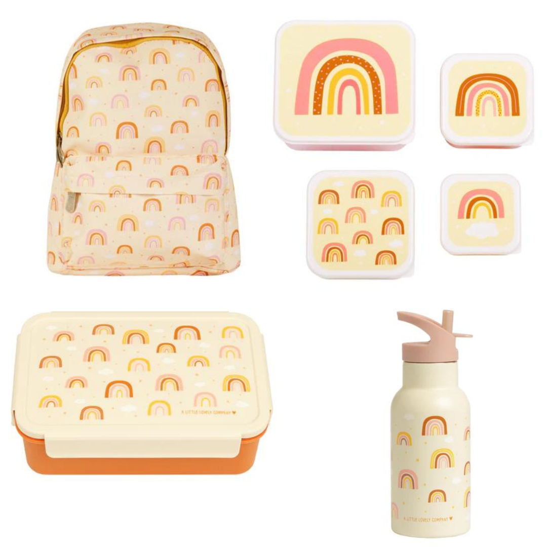 A Little Lovely Company Back to school set - Rugzak/Drinkfles RVS/4 Snackdozen/Bentobox - Regenbogen