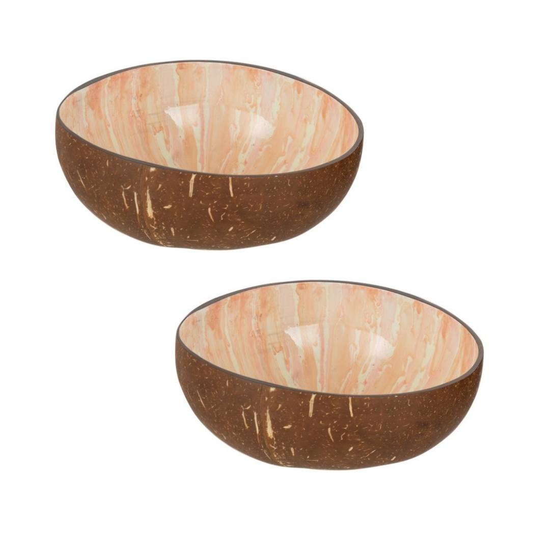 J-Line Halve kokosnoot bamboe bol D13x6,5cm - Set van 2 - Oranje