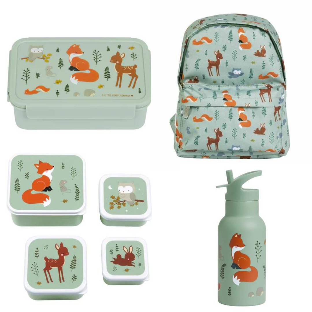 A Little Lovely Company Back to school set - Rugzak/Drinkfles RVS/4 Snackdozen/Bentobox - Bosvriendjes