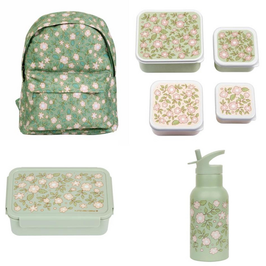 A Little Lovely Company Back to school set - Rugzak/Drinkfles RVS/4 Snackdozen/Bentobox - Bloesems Saliegroen