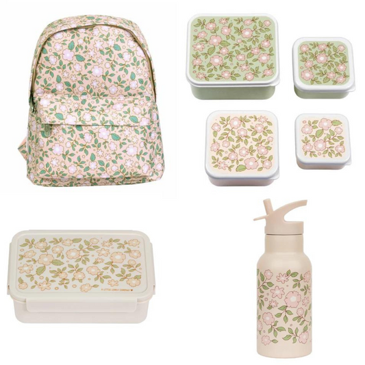 A Little Lovely Company Back to school set - Rugzak/Drinkfles RVS/4 Snackdozen/Bentobox - Bloesems Roze